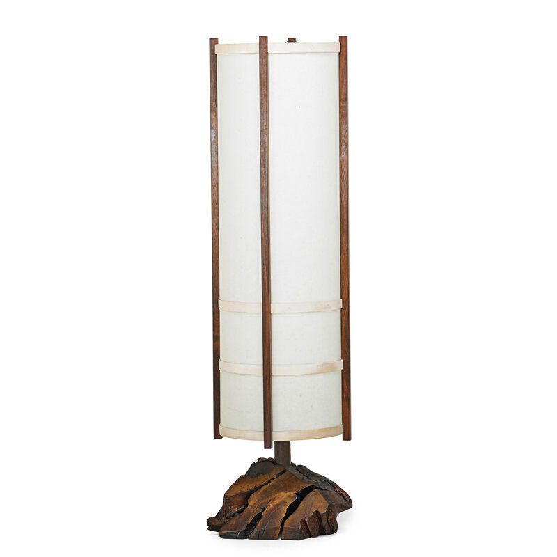 George Nakashima, ‘Kent Hall Floor Lamp, New Hope, PA’, 1965, Design/Decorative Art, Root Burl, Holly, Rosewood, Parchment, Two Sockets, Rago/Wright/LAMA/Toomey & Co.