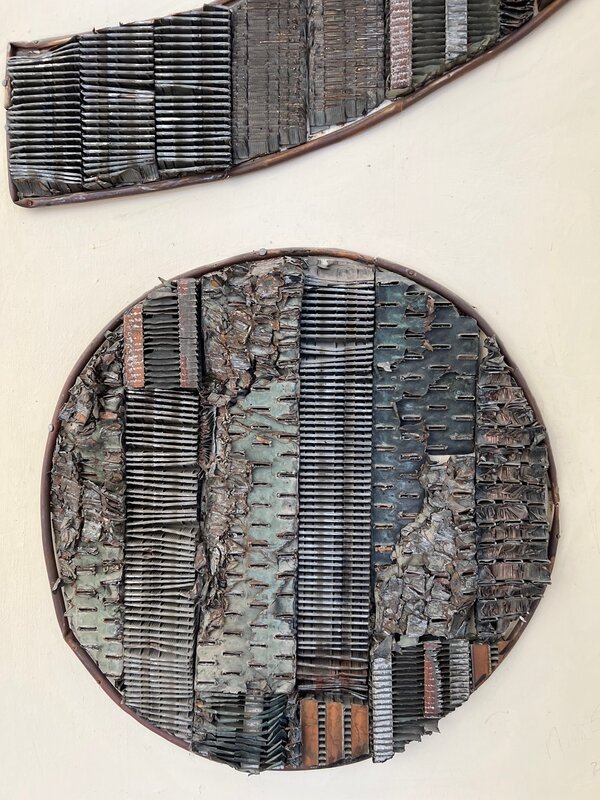 Noah Purifoy, ‘The Question’, 2004, Painting, Copper, radiator parts on wood panel & acrylic paint., Asher Grey Gallery