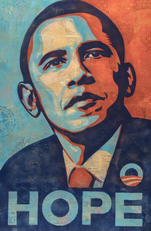 Shepard Fairey, ‘HOPE (Barack Obama)’, 2008, Painting, Hand-finished collage, stencil, and acrylic on heavy paper laid on canvas, Heritage Auctions