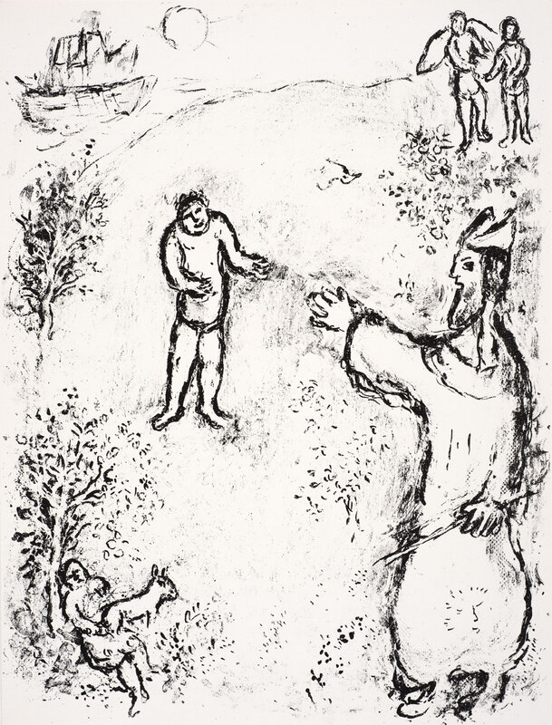 Marc Chagall, ‘Caliban resists his master Prospero. In the background Ariel is leading Ferdinand to Prospero's cell, and the ship is moored peacefully.’, 1975, Print, Lithograph, Ben Uri Gallery and Museum 