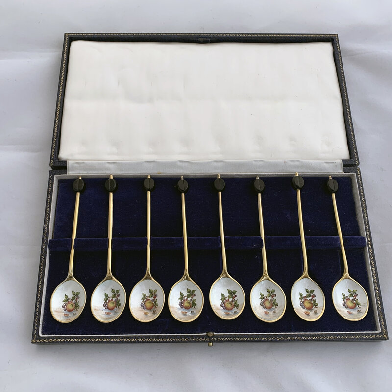 Cohen and Charles, ‘Cased set of eight gilded spoons with enamel bowls ’, 1966, Other, Sterling silver, Esmé Parish Silver