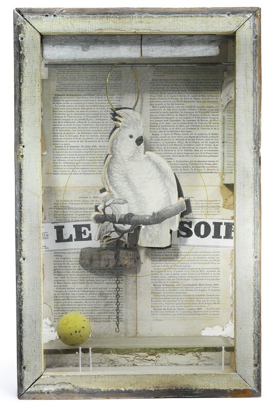 Joseph Cornell, ‘Untitled (Juan Gris series, Le Soir)’, 1953-1954, Sculpture, Wood, paper collage, corkball, metal hoop, chain and mirror in glass and wood box construction, Sotheby's