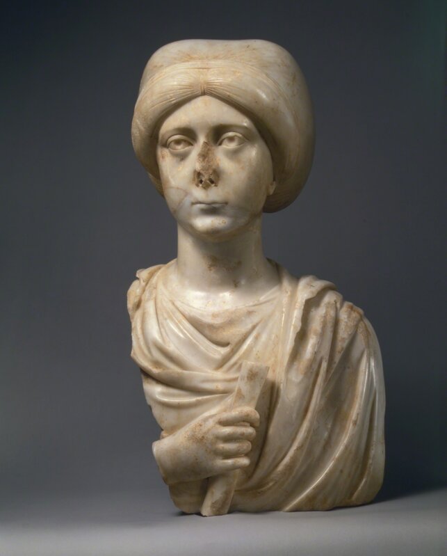 Unknown Byzantine, ‘Marble Portrait Bust of a Woman with a Scroll’, late 4th–early 5th century, Sculpture, Pentelic marble, The Metropolitan Museum of Art