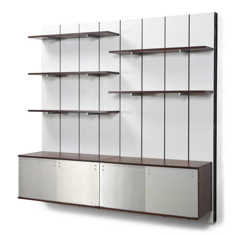Preben Fabricius and Jørgen Kastholm, ‘Wall mounted shelving system’, 1960's, Design/Decorative Art, Black lacquered steel with wooden grey lacquered back panels, adjustable shelves and cases in wengé mounted on stainless steel brackets. Sliding doors in brushed aluminium, Dansk Møbelkunst Gallery