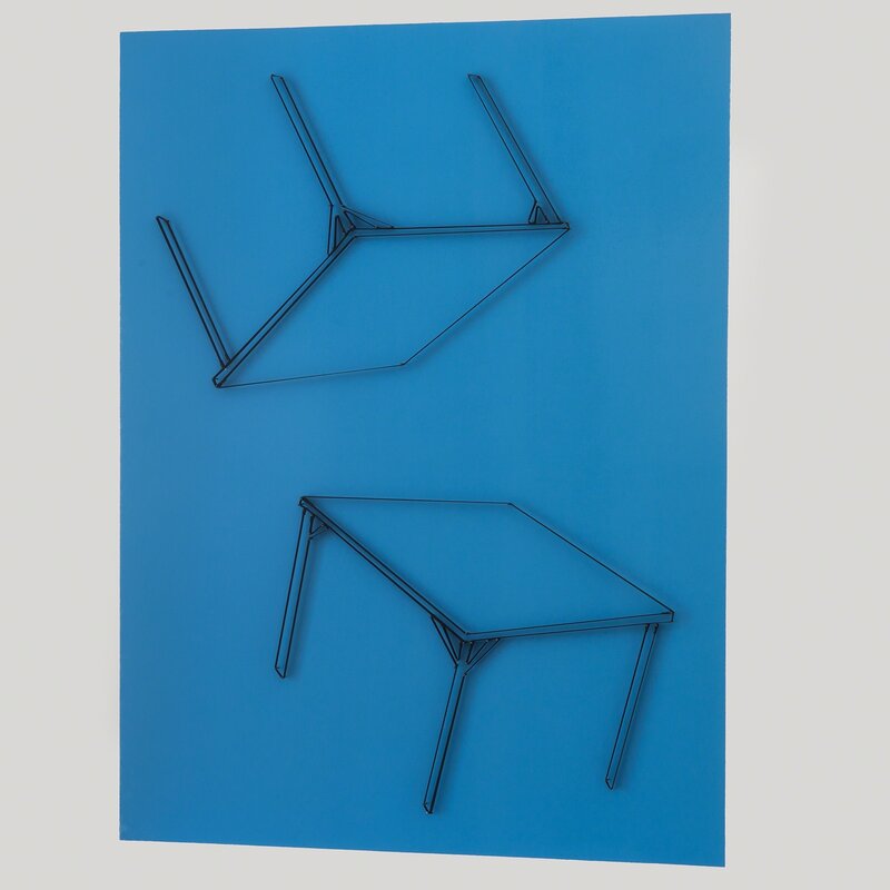 Yonatan Vinitsky, ‘Terrible Catastrophe (How long will it take?) 100%’, 2013, Mixed Media, Black Elastic (21mm), Super Glue, Steel Nails (3.0 x 50mm) on Acrylic Paint Background (RAL 7035 - Light Blue), Limoncello