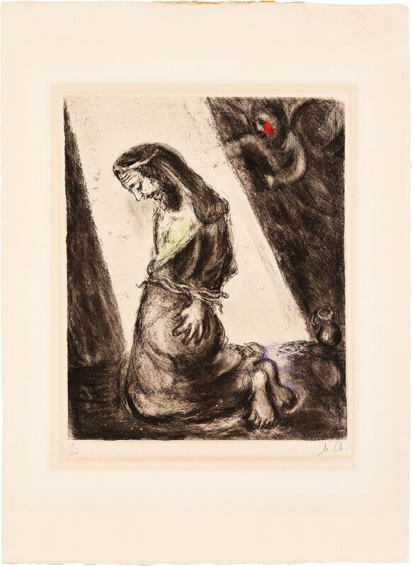 Marc Chagall, ‘Jeremiah in the Pit, plate 102, from The Bible Series (see C. bks 30)’, 1958, Etching and aquatint with hand-coloring in watercolor, on Arches paper, with full margins., Phillips