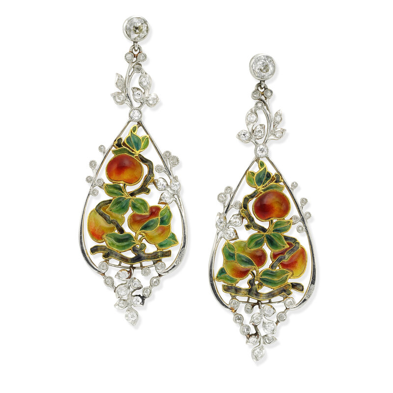 French Art Nouveau, ‘Enamel and diamond earrings’, ca. 1890, Jewelry, Enamel, diamond, gold, platinum, Simon Teakle Fine Jewelry
