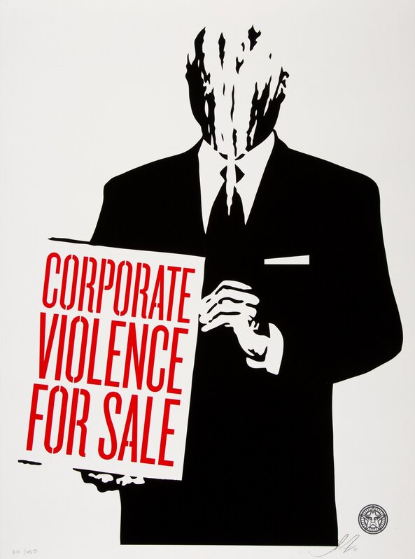 Shepard Fairey, ‘It's Mourning in America; Top Elite Faschions for Sale; Legislative Influence for Sale; Corporate Violence for Sale (four works)’, 2011, Print, Screenprint in colors on speckled cream paper, Heritage Auctions
