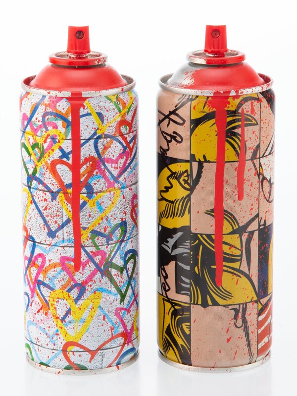 Mr. Brainwash, ‘Hearts Spray (Red) and Frankenstein Spray (Red) (two works)’, 2017, Other, Offset lithographs in colors with hand embellishments on steel cans, Heritage Auctions
