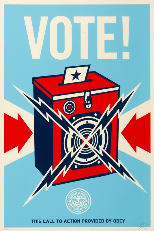 Shepard Fairey, ‘Vote!’, 2008, Print, Screenprint in colors on speckled cream paper, Heritage Auctions