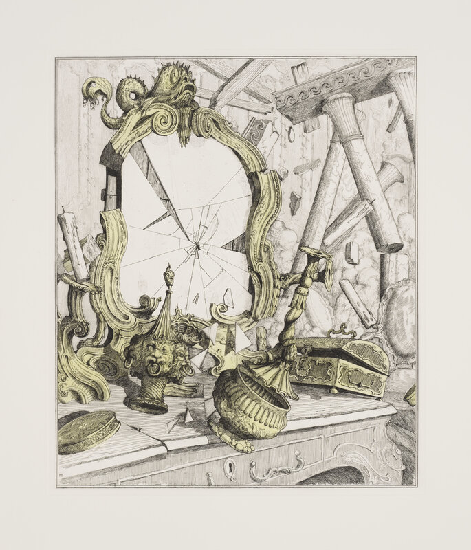 Pablo Bronstein (b. 1977), ‘Dressing table, Lisbon earthquake’, 2019, Print, Hard ground etching with hand-colouring on Fabriano Tiepolo 280 gsm, Cristea Roberts Gallery