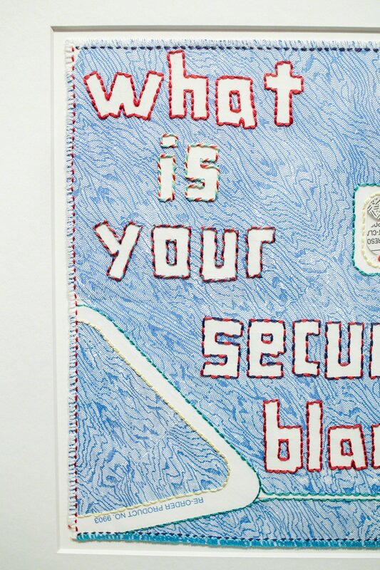 Kelly Kozma, ‘What is Your Security Blanket?’, 2017, Drawing, Collage or other Work on Paper, Hand-stitched embroidery on security envelope & blanket squares, Paradigm Gallery + Studio