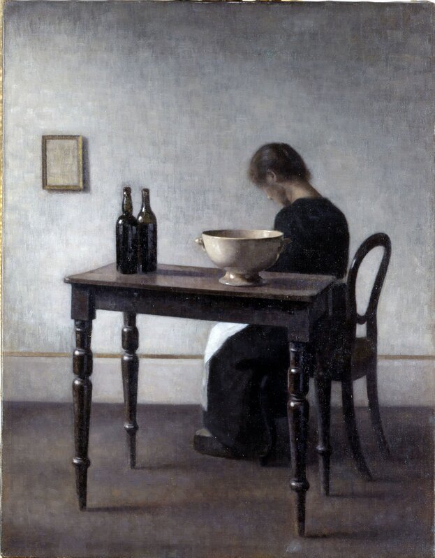 Vilhelm Hammershøi, ‘Vilhelm Hammershøi, Interior with Woman Sitting at a Table’, 1910, Painting, Oil on canvas, Ordrupgaard