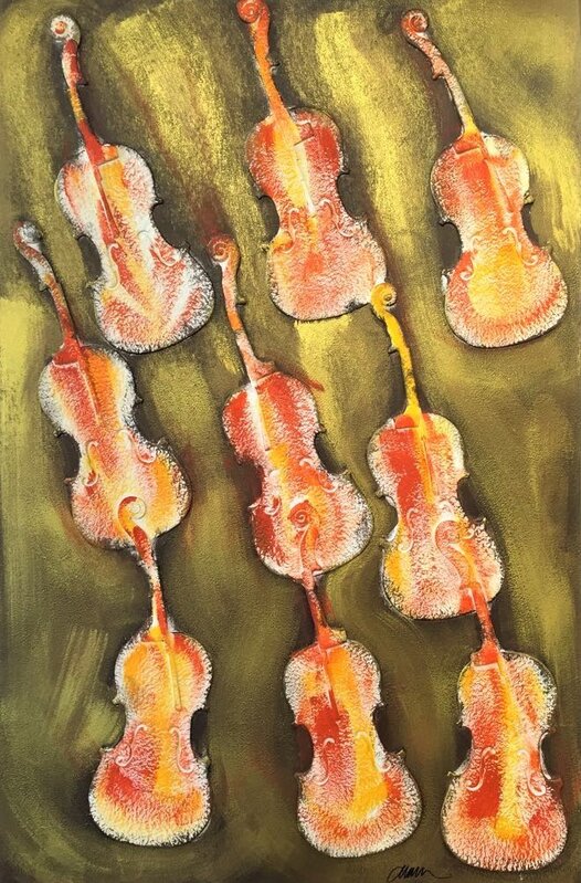 Arman, ‘Empreintes de violon orange’, ca. 2004, Painting, Mixed media on hardboard, Samhart Gallery