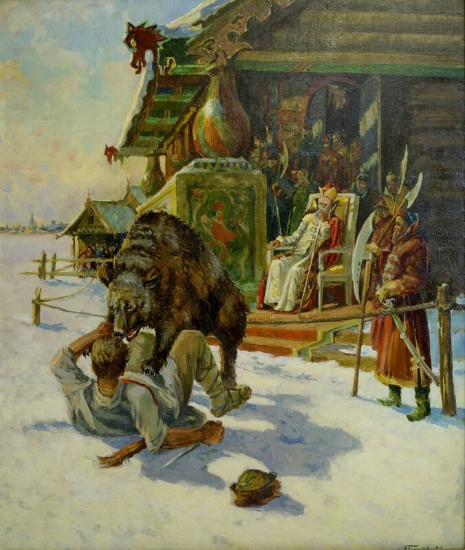 Vasily Vasilevich Golikov, ‘Bear bating contest’, Painting, Oil on canvas, Roseberys