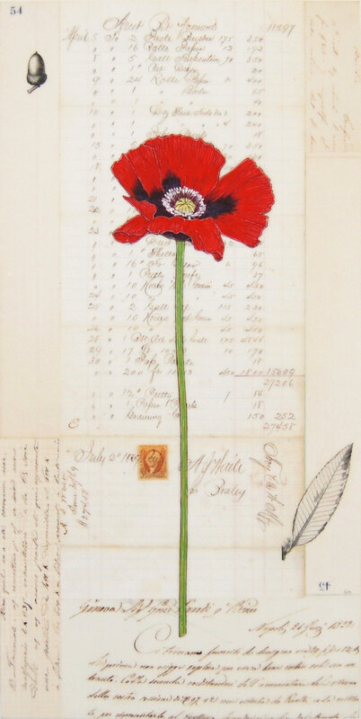 Kenna Moser, ‘Poppy #3’, 2019, Mixed Media, Beeswax, vintage text, oil on wood panel, Gail Severn Gallery