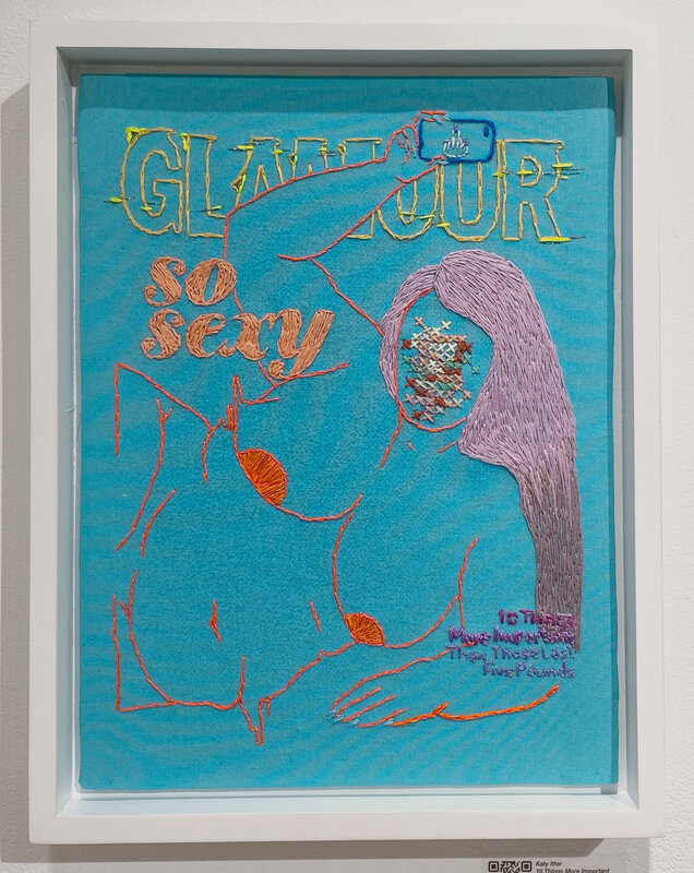 Katy Itter, ‘10 Things More Important Than Those Last 5 Pounds (Glamour Cover)’, 2020, Textile Arts, DMC brand embroidery thread and metallic sewing thread on cotton fabric, Framed, The Untitled Space