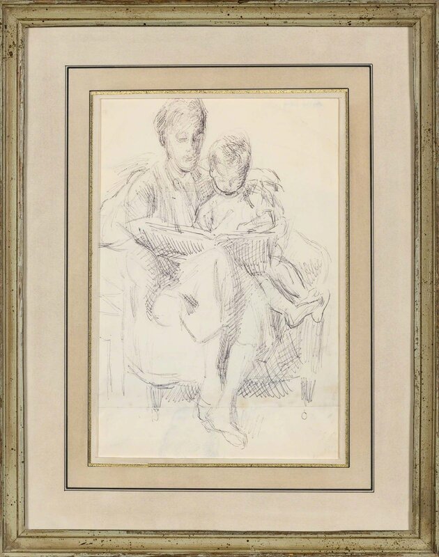 Duncan Grant, ‘Vanessa Bell Reading to Her Son Julian/Study of Julian (a double sided work)’, circa 1955, Drawing, Collage or other Work on Paper, Ballpoint pen on two conjoined sheets, Doyle