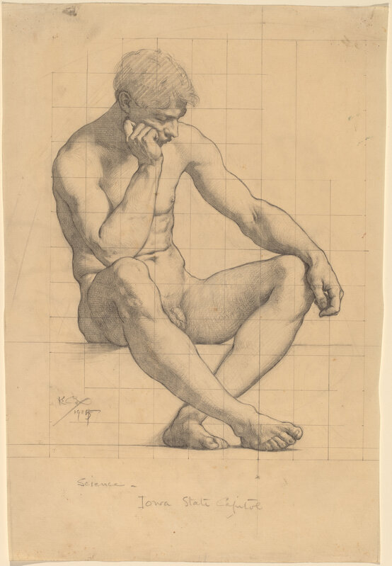Kenyon Cox, ‘Seated Male Nude: Study for "Science" - Iowa State Capitol’, 1905, Drawing, Collage or other Work on Paper, Graphite on laid paper, squared with graphite, National Gallery of Art, Washington, D.C.
