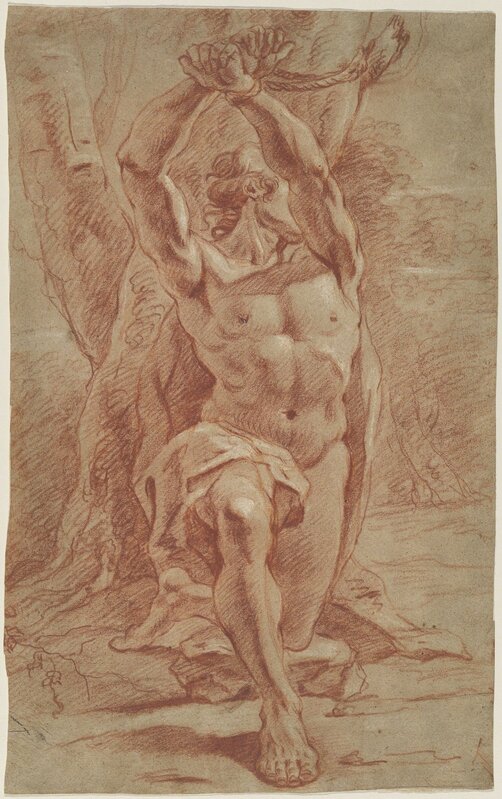 ‘Kneeling Man Bound to a Tree’, ca. 1685, Drawing, Collage or other Work on Paper, Red chalk heightened with white chalk on gray-brown laid paper, National Gallery of Art, Washington, D.C.
