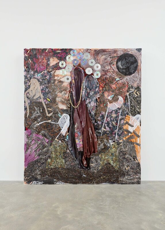 Kevin Beasley, ‘Queen of the Night’, 2018, Sculpture, Resin, housedresses, kaftans, du-rags, t-shirts, CD’s, guinea fowl feathers, clothes pins, hair rollers, hair extensions (tumbleweave), fake gold dookie chain, Casey Kaplan