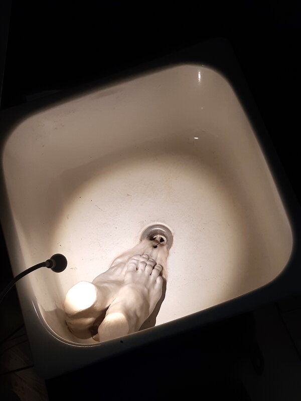 Francesco Albano, ‘Castaway (Ex Voto)  (feet)’, 2016, Sculpture, Sink,wood,wax,polyester resin plastic film roll,light bulb,cocking salt, Robert Kananaj Gallery