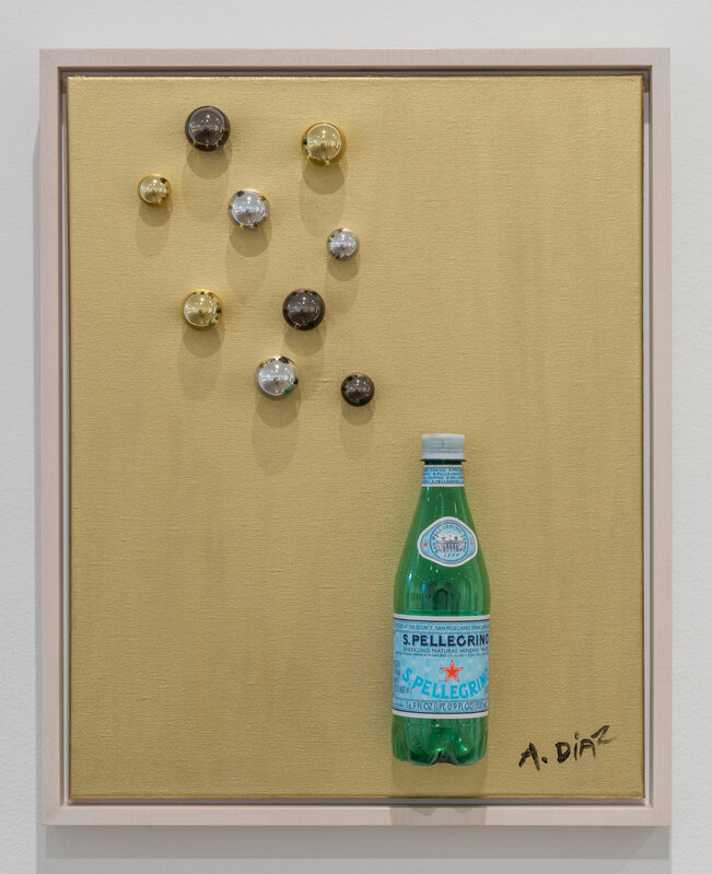 Alejandro Diaz, ‘Dreaming Bottle’, 2018, Painting, 24K gold pigment, acrylic medium, plastic Pellegrino bottle, chrome plated plastic bottle caps on canvas, Ruiz-Healy Art