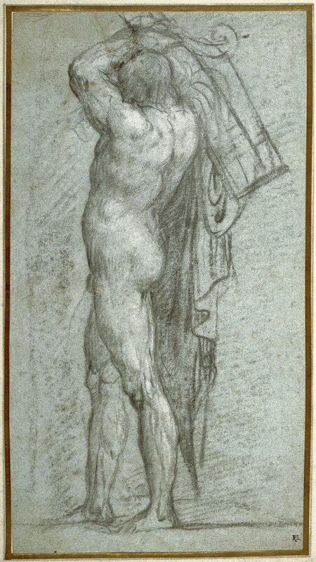 Titian, ‘Nude Man Carrying a Rudder on His Shoulder’, 1555-1556, Black chalk, heightened with white chalk, on blue paper, J. Paul Getty Museum