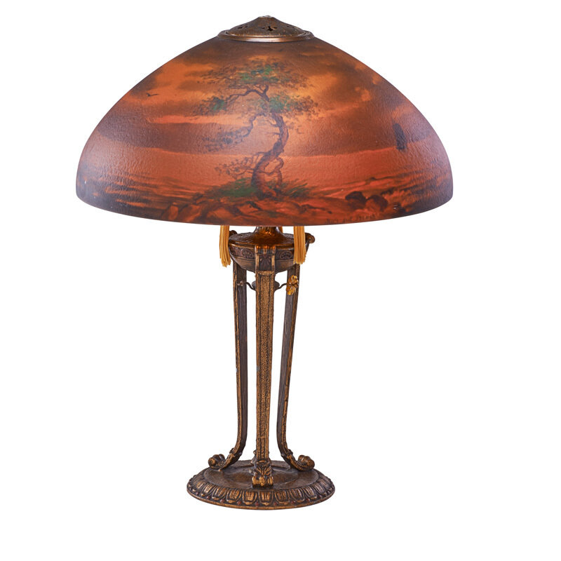 Handel, ‘Table lamp with sunset nautical scene, Meriden, CT’, ca. 1924, Design/Decorative Art, Patinated metal, glass, silk, reverse-painted acid-etched glass, three sockets, Rago/Wright/LAMA/Toomey & Co.