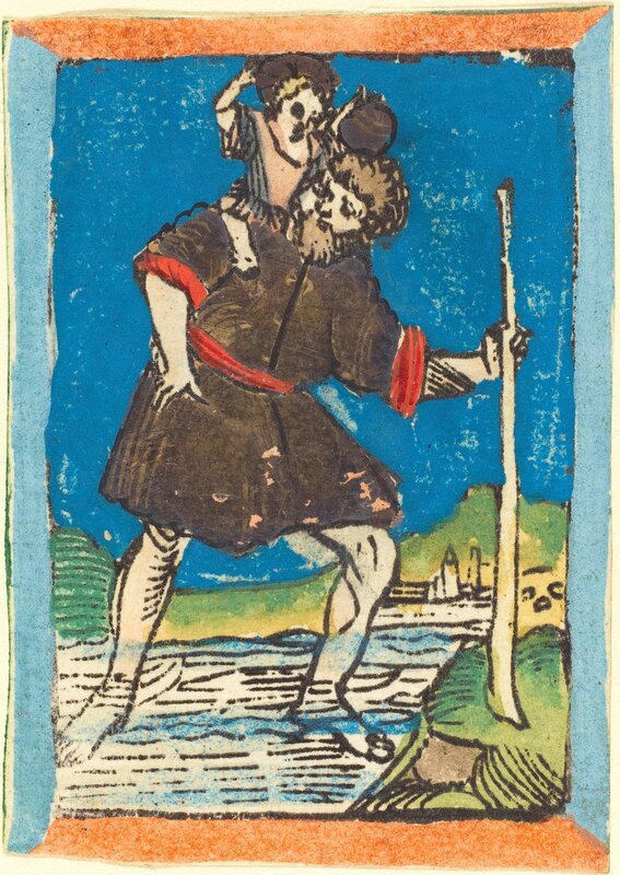 ‘Saint Christopher’, ca. 1480, Print, Woodcut, hand-colored in dark blue, light blue, orange, red, green, yellow, brown, and gold, National Gallery of Art, Washington, D.C.
