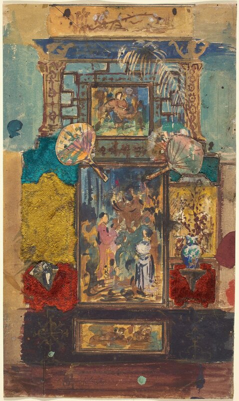 Robert Caney, ‘Stage Set Consisting Of Painted Panels, Fabrics, And Fans’, Drawing, Collage or other Work on Paper, Watercolor, gouache, graphite, black ink, and metallic gold paint with collage of colored fabric and various papers on wove paper, National Gallery of Art, Washington, D.C.