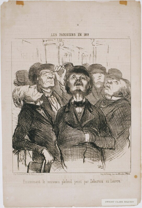 Honoré Daumier, ‘Les Parisiens en 1852: Examinant le nouveau plafond...Par Delacroix’, 1852, Print, Lithograph on newsprint paper, Phillips Collection