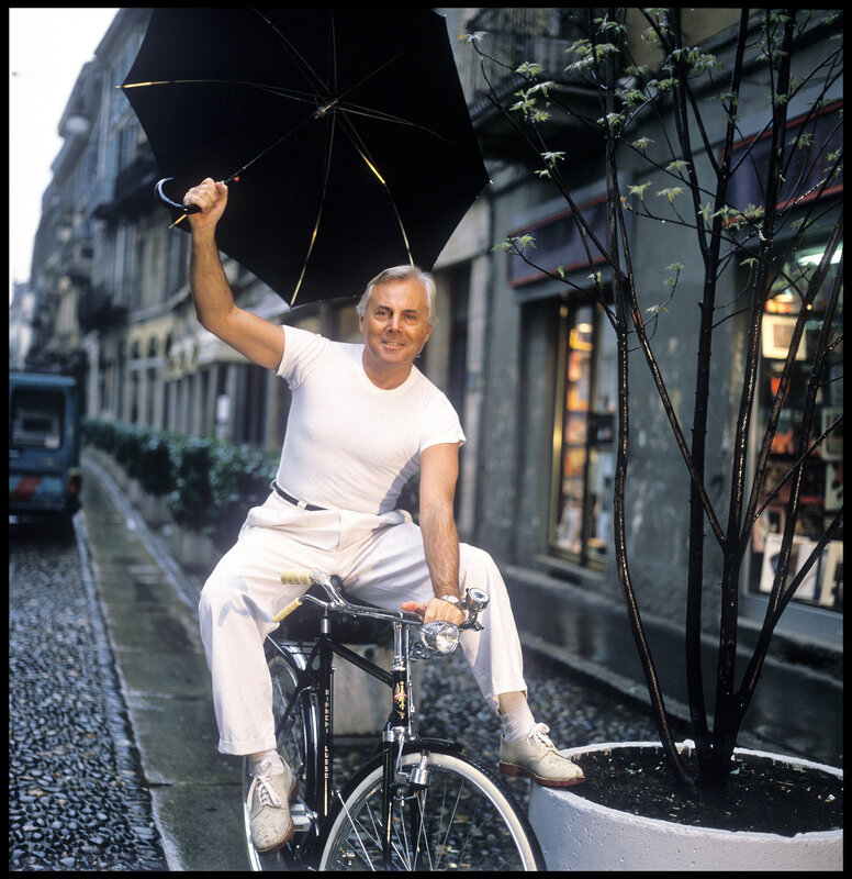 Harry Benson, ‘Armani with Umbrella, Milan’, 1985, Photography, Archival Pigment Photograph, Holden Luntz Gallery