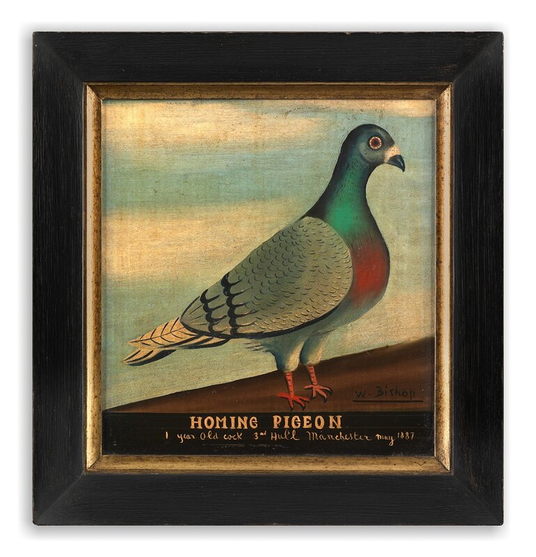 W. Bishop, English Naïve School, ‘Boldly Graphic Pair of Primitive Homing Pigeon Portraits ’, English, Signed, Inscribed and Dated "1887 and 1892" Respectively, Painting, Oils on Metal, Robert Young Antiques