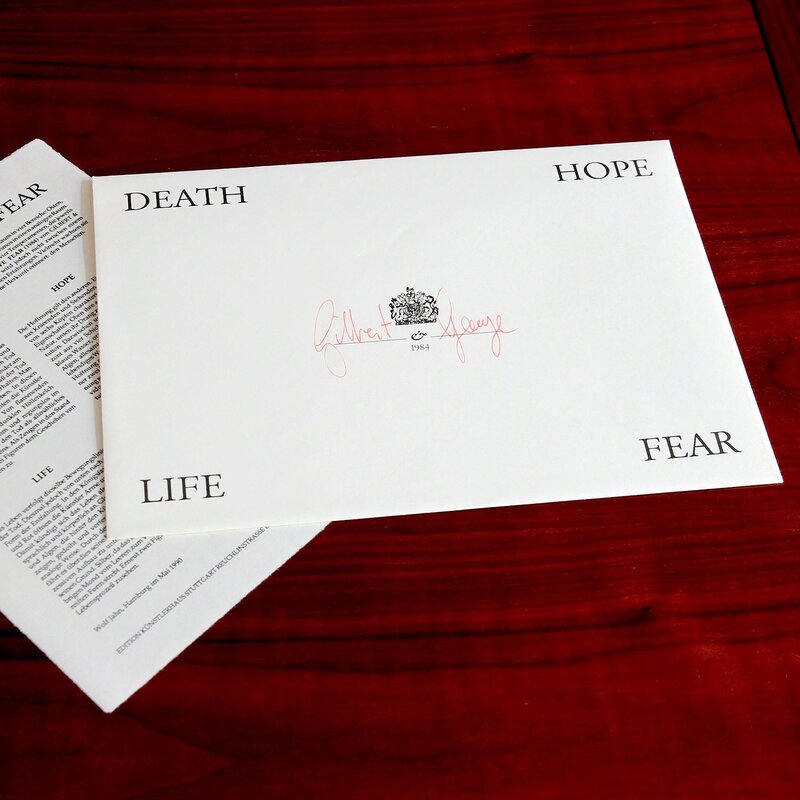 Gilbert & George, ‘Death Hope Life Fear’, 1984/1990, Print, Offset Prints, Plinth