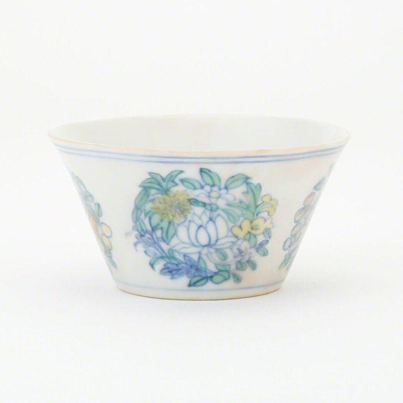 Unknown Artist, ‘Chinese Ducai Glazed Porcelain Cup’, Chenghua Mark and of the Period, Design/Decorative Art, The straight-sides tapering to the short foot rim, painted on the exterior with fruiting and flowering leafy roundels above a single line border at the base and a double line border below the rim, the six-character mark within a double line blue square on the foot., Doyle