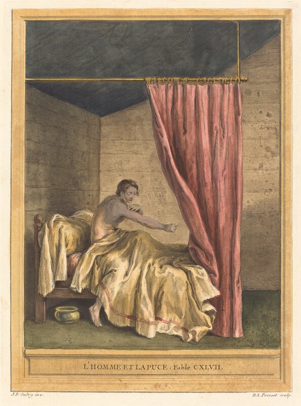 Benoît-Louis Prévost after Jean-Baptiste Oudry, ‘L'homme et la puce (The Man with Fleas)’, published 1756, Print, Hand-colored etching, National Gallery of Art, Washington, D.C.