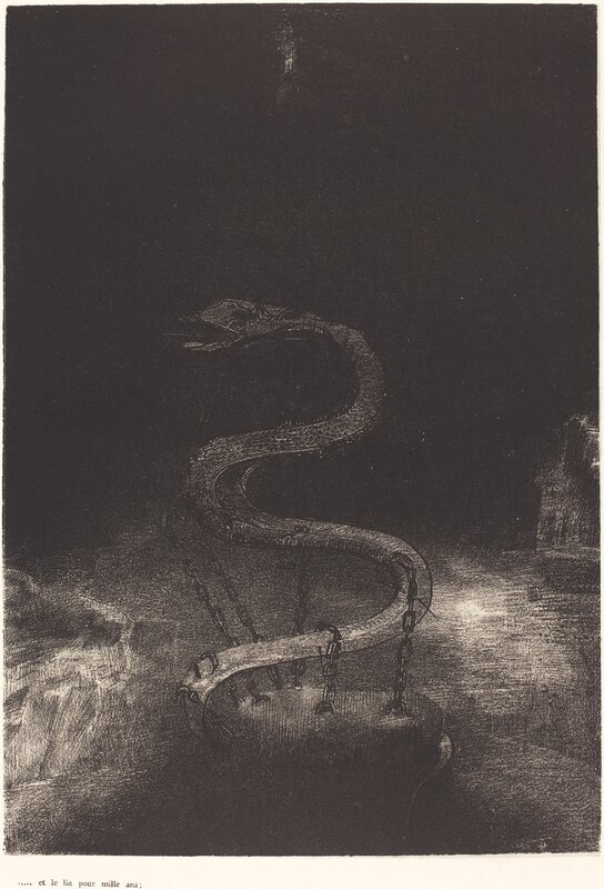 Odilon Redon, ‘Et le lia pour mille ans (And bound him a thousand years)’, 1899, Print, Lithograph in black on chine collé, National Gallery of Art, Washington, D.C.
