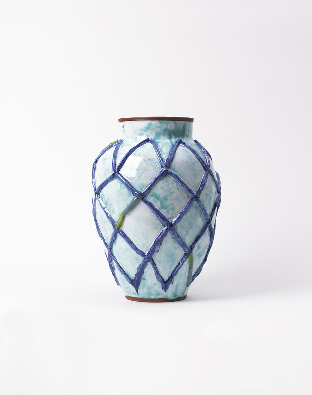 Judy Ledgerwood, ‘Large Raised Grid Vase with Celadon, Cobalt Blue, Green, Magrun + Yellow’, 2018, Sculpture, Majolika, Häusler Contemporary