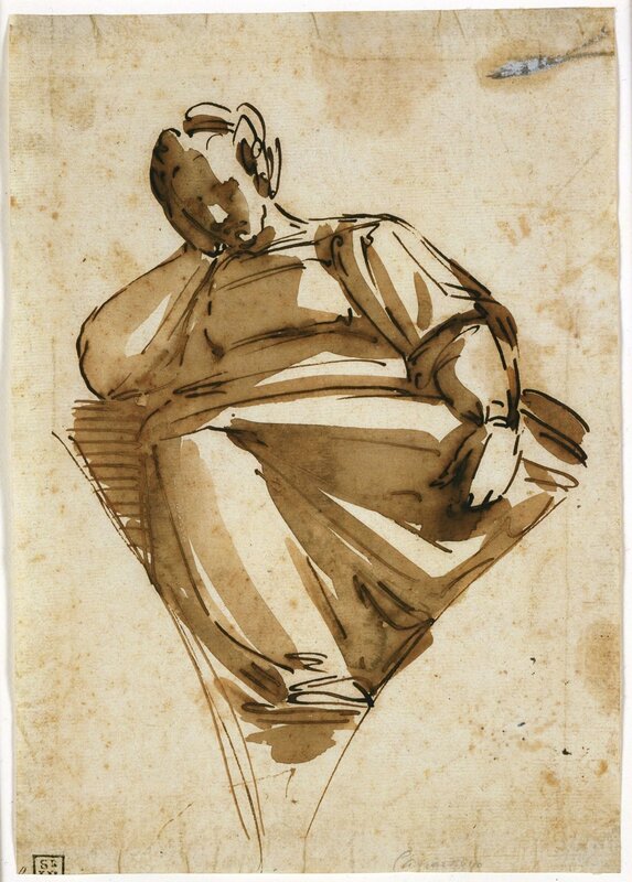 Luca Cambiaso, ‘A Sibyl’, mid 1570s, Drawing, Collage or other Work on Paper, Pen and iron gall ink with brush and brown wash over black chalk, dissolved, Blanton Museum of Art