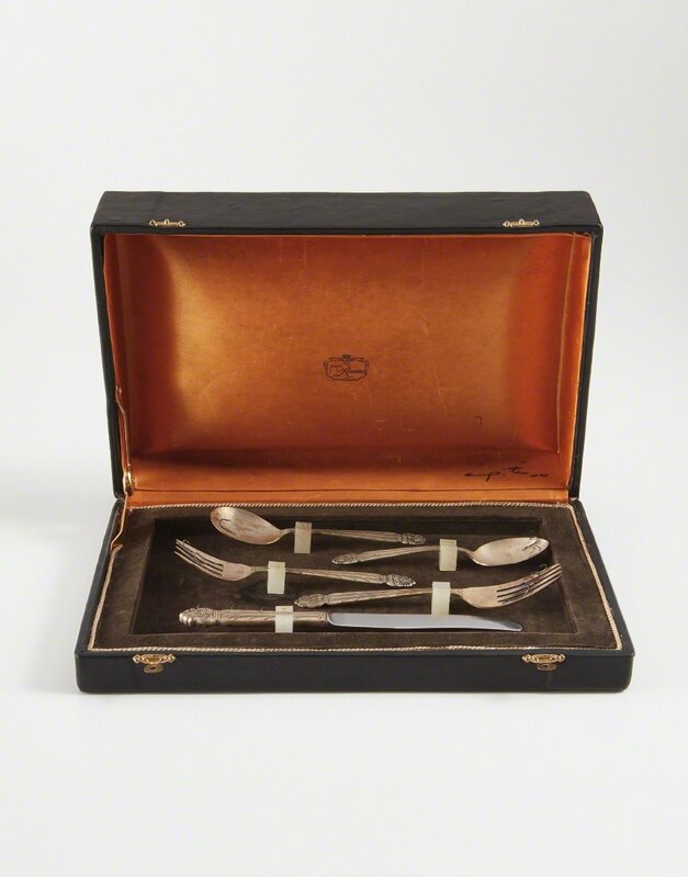 Yoan Capote, ‘Como los peces (Like Fish)’, 2000, Other, Silver place setting with fish hooks, in leather case, in 6 parts, Phillips
