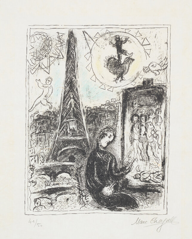 Marc Chagall, ‘La Peintre á la Tour Eiffel (The Painter at the Eiffel Tower) (M. 949)’, 1979, Print, Lithograph in colours, on Japon nacré paper, with full margins., Phillips