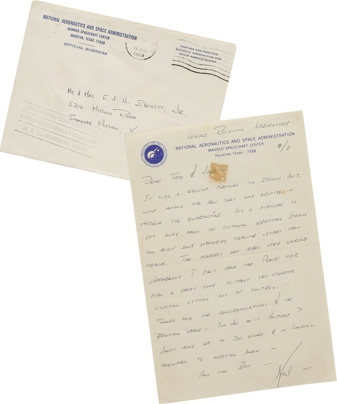 Neil Armstrong, ‘AUTOGRAPH LETTER SIGNED ("NEIL"). 1 PAGE (8 BY 5¼ INCHES). LUNAR RECEIVING LABORATORY, NASA MANNED SPACECRAFT CENTER, HOUSTON, TEXAS, AUGUST 2, 1969, TO TED & LANE BENNETT IN KANSAS.’, Other, Sotheby's