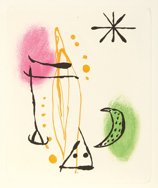 Joan Miró, ‘La Bague d'aurore (The Ring of Dawn) (D. 122-125, 128, C. 45)’, 1957, Books and Portfolios, The complete book including five etching and aquatints in colours, on Rives paper, with full margins, and one drypoint on the front cover wrappers, the sheets loose and folded (as issued) within the original paper-covered folio, all contained within the original grey laid paper-covered heavy board folio with red printed title on the side and black paper-covered slipcase., Phillips