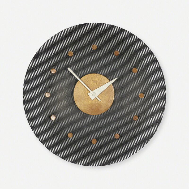 George Nelson & Associates, ‘wall clock, model 2203’, 1952-53, Design/Decorative Art, Enameled and perforated steel, birch, Rago/Wright/LAMA/Toomey & Co.