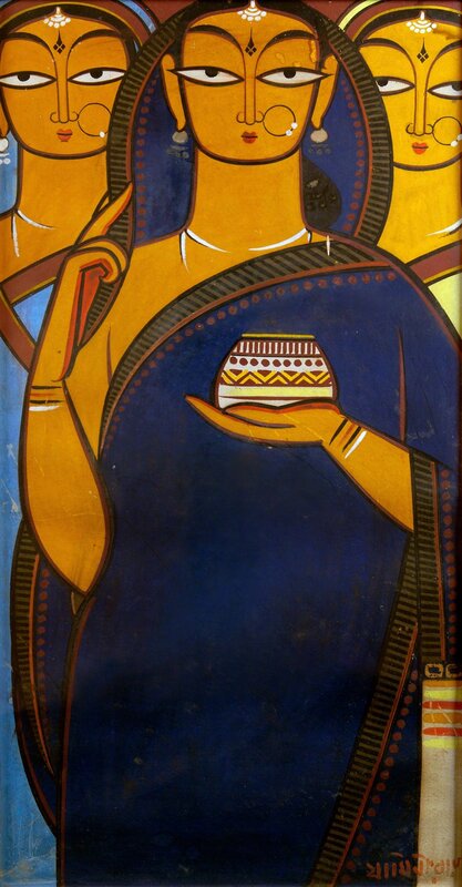 Jamini Roy, ‘Three women in blue’, Undated, Painting, Tempera on board, Museum of Art & Photography 