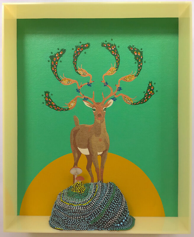 Erica Rosenfeld, ‘PEACOCK-DEER’, 2020, Mixed Media, Acrylic on canvas, rhinestones, and glass lens with acrylic frame, Traver Gallery