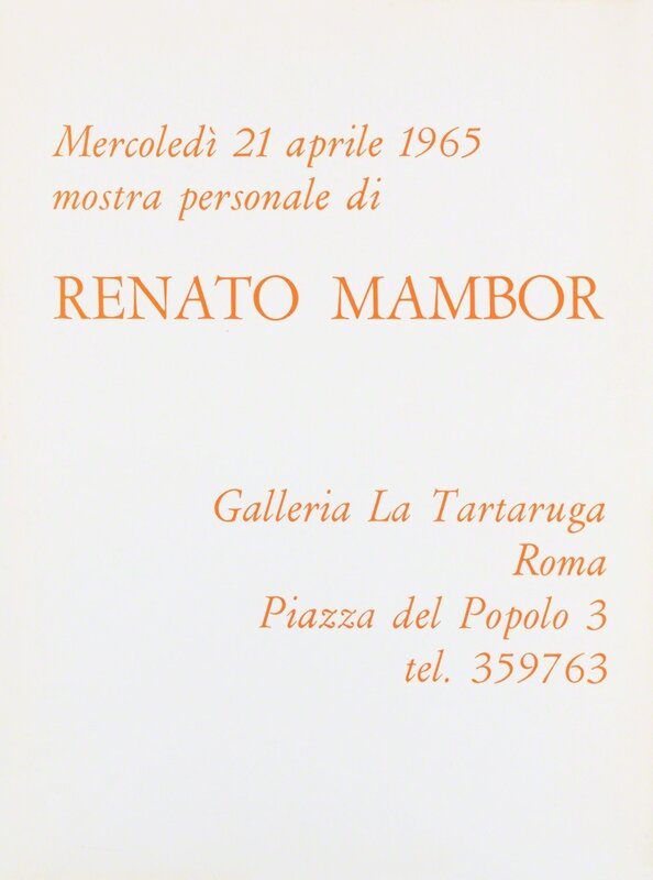 Renato Mambor, ‘Solo exhibition’, 1965, Drawing, Collage or other Work on Paper, Invite, Finarte