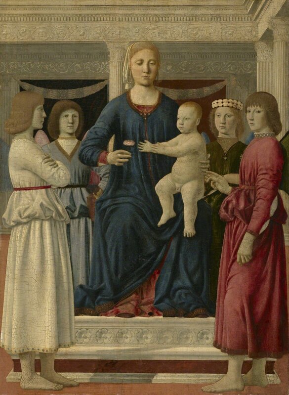 Piero Della Francesca, ‘Virgin and Child Enthroned with Four Angels’, Painting, Oil possibly with some tempera on panel, transferred to fabric on panel, Clark Art Institute