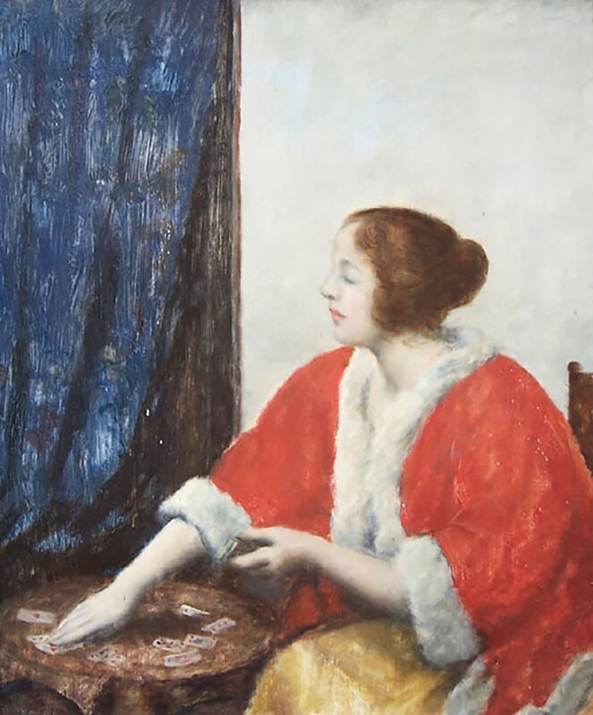 István Csók, ‘ Portrait of a Girl Playing Cards’, 1930's, Painting, Original Signed Oil Painting on Panel, Gilden's Art Gallery